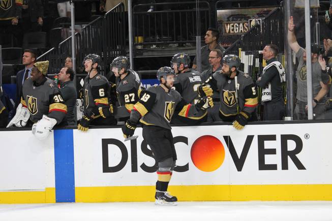 Tomas Hyka of the Vegas Golden Knights celebrates with his team after scoring against Anaheim during their game at T-Mobile Arena, bringing the score to 5-0 in the third period, Wed. Nov. 14, 2018.