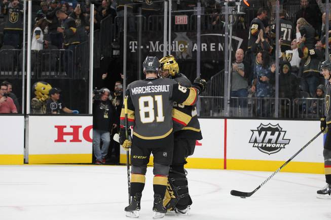 Marchessault and Fleury celebrate a win against the Anaheim Ducks at T-Mobile Arena, with a final score of 5-0, Wed. Nov. 14, 2018.