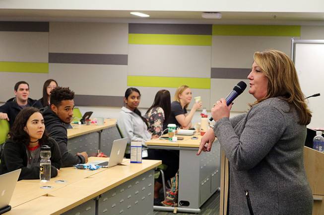 First-year UNLV medical students listen as Cheryl Smith, director of specialty markets for the Las Vegas Convention and Visitors Authority, speaks during a panel at at UNLV’s School of Medicine Shadow Lane Campus on Wednesday, Nov. 14, 2018.