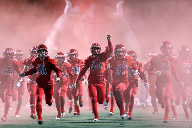 Arbor View players take to the field for the Mountain Region high school football championship game against Faith Lutheran at Arbor View Friday, Nov. 16, 2018. Arbor View won the game 28-7.