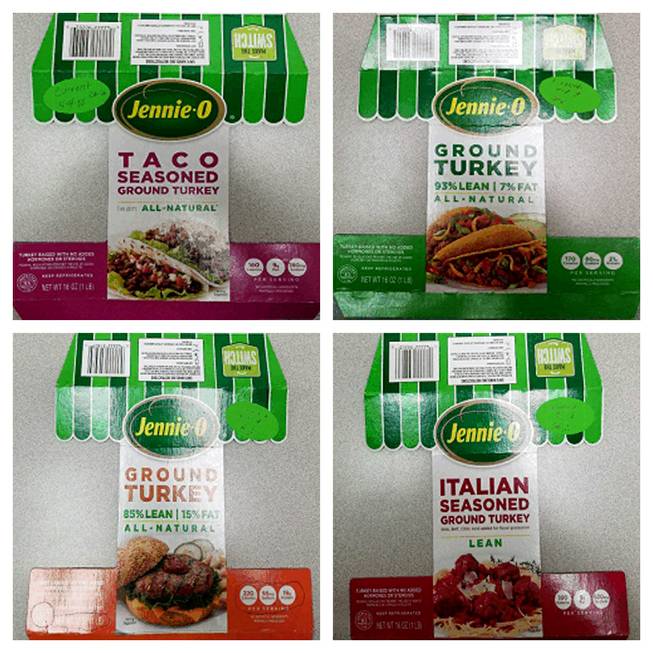 This combination of images provided by Hormel Foods on Friday, Nov. 16, 2018 shows packaging for four types of Jennie-O ground raw turkey with a P190 designation which have been recalled due to concerns over salmonella. Salmonella in food is estimated to be responsible for 1 million illnesses a year, with symptoms including vomiting, diarrhea and stomach cramps.