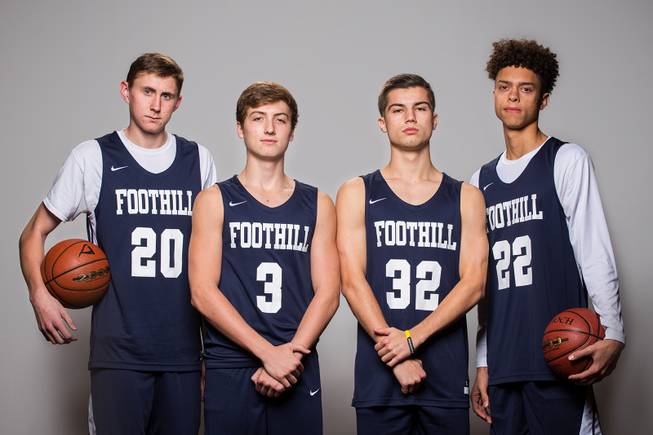 Players of the Foothill High basketball team, from left, Caleb Stearmen, Collin Russell, Dylan Hushaw and Jace Roquemore, take a portrait during the Las Vegas Sun's Media Day at Red Rock Resort and Casino on Oct. 30, 2018.