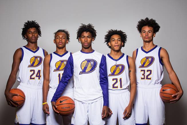 Players of the Durango High basketball team, from left, Kendrick Gilbert, Breatin Foster, Keshon Gilbert, Anthony Hunter, and Tyson Guild, take a portrait during the Las Vegas Sun's Media Day at Red Rock Resort and Casino on Oct. 30, 2018.