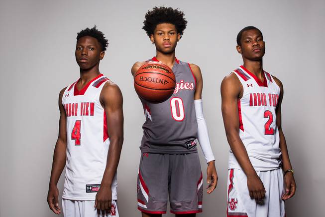 Players of the Arbor View High basketball team, from left, Tyre Williams, Donavan Yap and Favour Chukwukelu take a portrait during the Las Vegas Sun's Media Day at Red Rock Resort and Casino on Oct. 30, 2018.