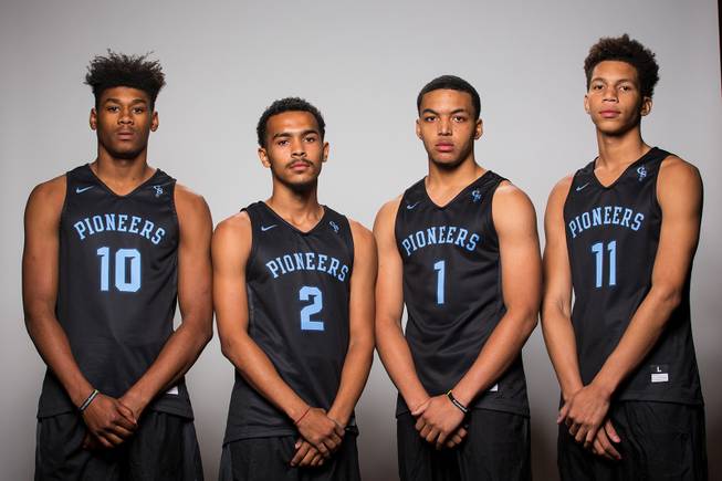 Players of the Canyon Springs High basketball team, from left, Chris Ward, Alexander Spaight, Mervin Soares and Kayvon Alexander take a portrait during the Las Vegas Sun's Media Day at Red Rock Resort and Casino on Oct. 30, 2018.