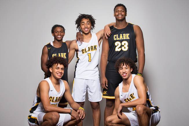 Players of the Clark High basketball team, top row, Joel Burney, Frankie Collins and Antwon Jackson. Front row Jalen Hill and Ian Alexander, during the Las Vegas Sun's Media Day at Red Rock Resort and Casino on Oct. 30, 2018.