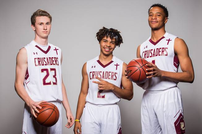 Players of the Faith Lutheran High basketball team, from left, Brevin Walter, Sedrick Hammond and Donovan Jackson take a portrait during the Las Vegas Sun's Media Day at Red Rock Resort and Casino on Oct. 30, 2018.