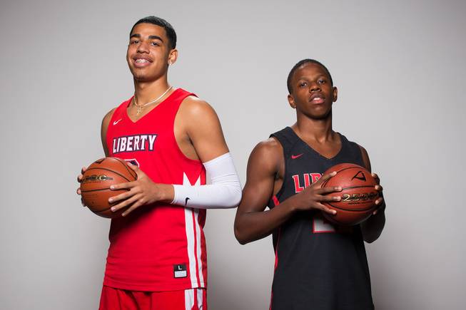 Players of the Liberty High basketball team, from left, Julian Strawther and Jordan Wafer take a portrait during the Las Vegas Sun's Media Day at Red Rock Resort and Casino on Oct. 30, 2018.