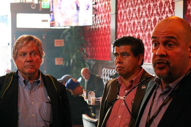 Clark County Commissioner-elect Tick Segerblom and North Las Vegas Councilman Isaac Barron listen as Nate Haas, executive director of Barbary Coast, speaks during a tour of the San Francisco facility’s marijuana consumption lounge and clients of the lounge imbibe in the background Monday, Nov. 19, 2018. Barbary Coast is one of three dispensaries in San Francisco to offer a designated consumption area for its clients.
