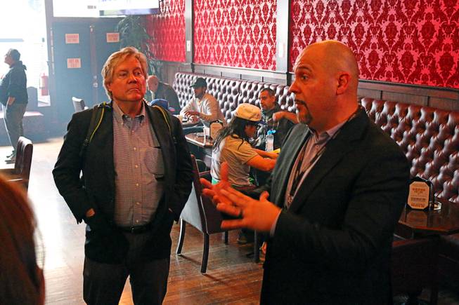 Clark County Commissioner-elect Tick Segerblom listens as Nate Haas, executive director of Barbary Coast, speaks during a tour of the San Francisco facility’s marijuana consumption lounge on Monday, Nov. 19, 2018. Barbary Coast is one of three dispensaries in San Francisco to offer a designated consumption area for its clients.