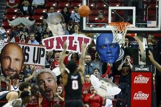 Fans try to distract Pacific's Jahlil Tripp as he shoots a free throw during a game against UNLV at the Thomas & Mack Center Tuesday, Nov. 20, 2018.