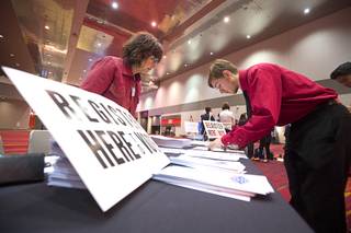Kahlin Lindholm of Advanced Technologies Academy (A-TECH) registers to vote during the 62nd annual Las Vegas Sun Youth Forum at the Las Vegas Convention Center Thursday Nov. 29, 2018. Over 1,000 juniors and seniors from 50 high schools participated in the event. The Clark County School District and Barrick Gold Corporation partnered with the Las Vegas Sun to put on the forum.