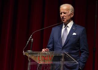 Former Vice President Joe Biden speaks during his keynote address at the UNLV William S. Boyd School of Law 20th Anniversary Gala at the Bellagio Saturday, Dec. 1, 2018. The annual event serves as the school's principal scholarship fundraiser. 