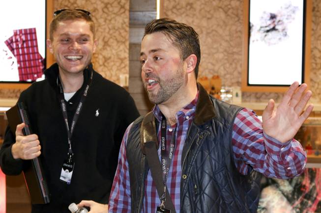 Hunter & Leaf founders Jacob Silverstein (right) and Zachary LoBello talk about their products at Planet 13 dispensary on December 3, 2018.