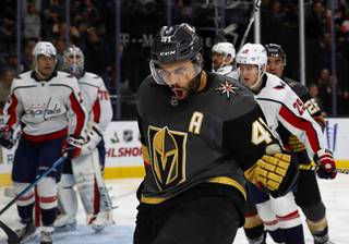 Vegas Golden Knights center Pierre-Edouard Bellemare (41) celebrates after his goal in the third period against the Washington Capitals at T-Mobile Arena Tuesday, Dec. 4, 2018.