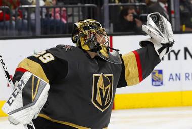 Vegas Golden Knights goaltender Marc-Andre Fleury (29) makes a save during the second period of a game against the Chicago Blackhawks at T-Mobile Arena Thursday, Dec. 6, 2018.