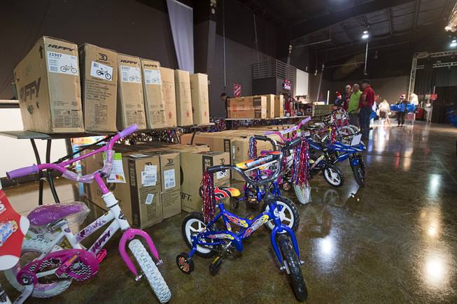 Bicycles are lined up in the Silver Nugget Events Center during the Salvation Army's Christmas Angel program in North Las Vegas Friday, Dec. 14, 2018.