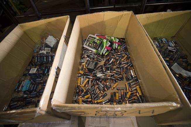 Batteries for toys are shown in boxes in a check-out area during the Salvation Army's Christmas Angel program at the Silver Nugget Events Center in North Las Vegas Friday, Dec. 14, 2018.