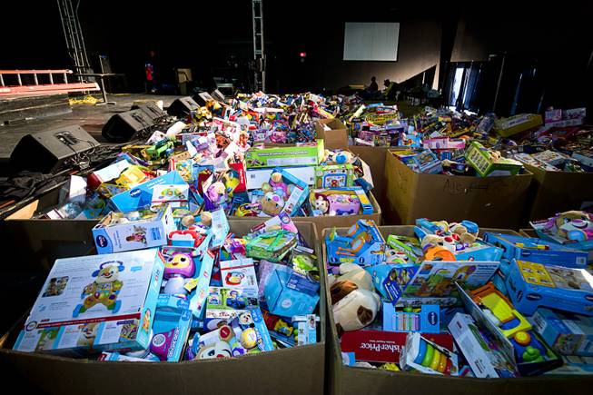 Boxes of toys are shown in a storage area during the Salvation Army's Christmas Angel program at the Silver Nugget Events Center in North Las Vegas Friday, Dec. 14, 2018.