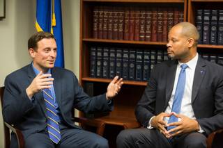 Nevada Attorney General Adam Laxalt sits down with Aaron Ford, the new Attorney General-elect, as they speak to the press, Monday Dec. 17, 2018.