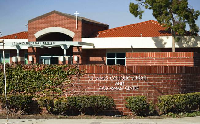 This Monday, Dec. 3, 2018, photo shows St. James Catholic School in Torrance, Calif. Two nuns who worked for decades at the school in California embezzled a "substantial" amount of money from tuition and other funds and used it to pay for gambling trips to Las Vegas, church officials said Monday, Dec. 10. 