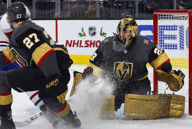 Vegas Golden Knights goaltender Marc-Andre Fleury (29) makes a save during a game against the Montreal Canadiens at T-Mobile Arena Saturday, Dec. 22, 2018.