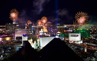 Fireworks erupt over the Las Vegas Strip seen looking north from the Skyfall Lounge atop the Delano Las Vegas Tuesday, Jan. 1, 2019, in Las Vegas.