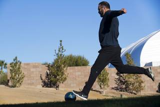 Bill Rafih of Calgary, Alberta, Canada tees off during a game of FootGolf at Chimera Golf Club in Henderson Friday, Jan. 4, 2019. FootGolf combines soccer and golf and is played with soccer balls with 21-inch diameter cups.