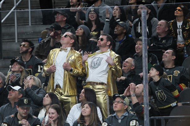 Golden suited hockey fans show their team pride as the Knights face off against the New York Rangers at T-Mobile Arena, Tues. Jan 8, 2019.