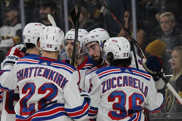 The New York Rangers celebrate after scoring against the Vegas Golden Knights in the third period of their game at T-mobile Arena, Tues. Jan. 8, 2019.