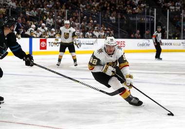 Vegas Golden Knights left wing Tomas Nosek (92) carries the puck during a game against the San Jose Sharks at T-Mobile Arena Thursday, Jan 10, 2019.