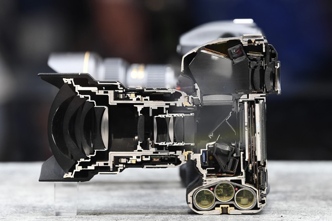 A Nikon D5 camera is displayed cut in half during ...