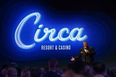 Derek Stevens addresses an audience after unveiling the design and name for his new casino called Circa at the Downtown Las Vegas Events Center Thursday, Jan. 10, 2019. Circa is expected to open December 2020.