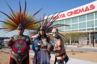 Members of Xochipilli Danza Azteca Las Vegas help celebrate the grand opening of Maya Cinemas' newest theater at 2195 N. Las Vegas Blvd. Thursday Jan. 10, 2019.