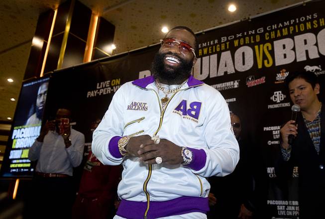 Welterweight boxer Adrien Broner of Cincinnati, Ohio makes his "Grand Arrival" in the MGM Grand lobby Tuesday, Jan. 15, 2019. Broner will challenge Manny Pacquiao of the Philippines for the WBA welterweight title at the MGM Grand Garden Arena  on Saturday.