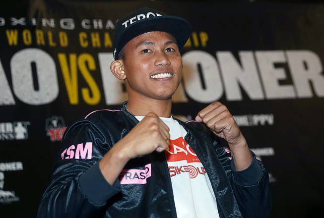 Featherweight boxer Jhack Tepora of the Philippines poses in the MGM Grand lobby in Las Vegas Tuesday, Jan 15, 2019. Tepora will face Hugo Ruiz of Mexico for an interim WBA featherweight title at the MGM Grand Garden Arena on Saturday.