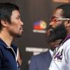 WBA welterweight champion Manny Pacquiao, left, of the Philippines and  Adrien Broner of Cincinnati, Ohio face off during a news conference at the MGM Grand Wednesday, Jan. 16, 2019. Pacquiao will defend his WBA title against Broner at the MGM Grand Garden Arena Saturday.