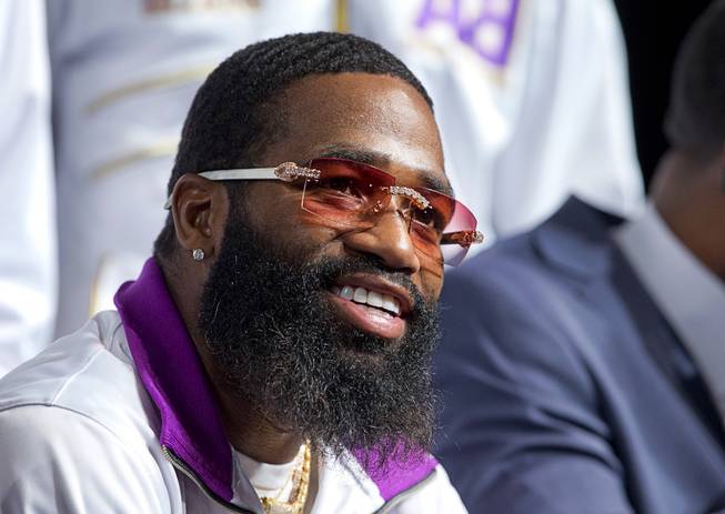 Welterweight boxer Adrien Broner, of Cincinnati, Ohio, talks with reporters following during a news conference at the MGM Grand Wednesday, Jan. 16, 2019. Broker will challenge WBA welterweight champion Manny Pacquiao of the Philippines for the WBA title at the MGM Grand Garden Arena Saturday.