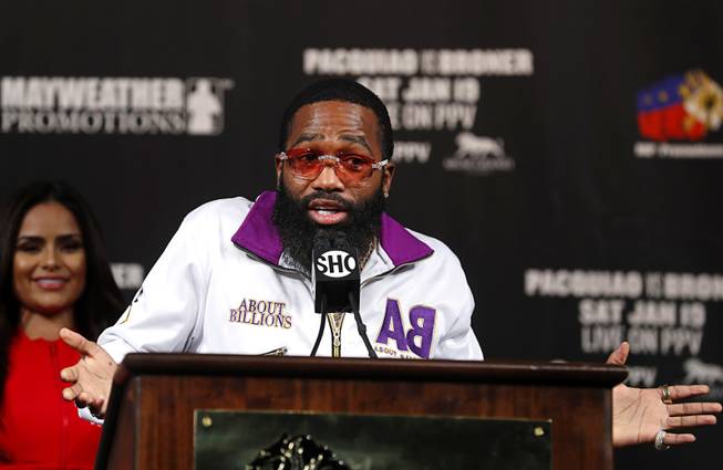 Challenger Adrien Broner of Cincinnati, Ohio speaks during a news conference at the MGM Grand Wednesday, Jan. 16, 2019. WBA welterweight champion Manny Pacquiao, of the Philippines will defend his WBA title against Broner at the MGM Grand Garden Arena Saturday.