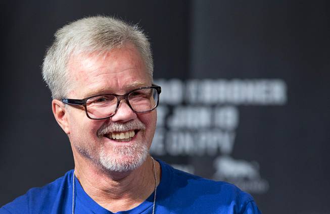 Trainer Freddie Roach listens to speakers during a news conference at the MGM Grand Wednesday, Jan. 16, 2019. WBA welterweight champion Manny Pacquiao of the Philippines will defend his WBA title against Adrien Broner of Cincinnati, Ohio at the MGM Grand Garden Arena Saturday.