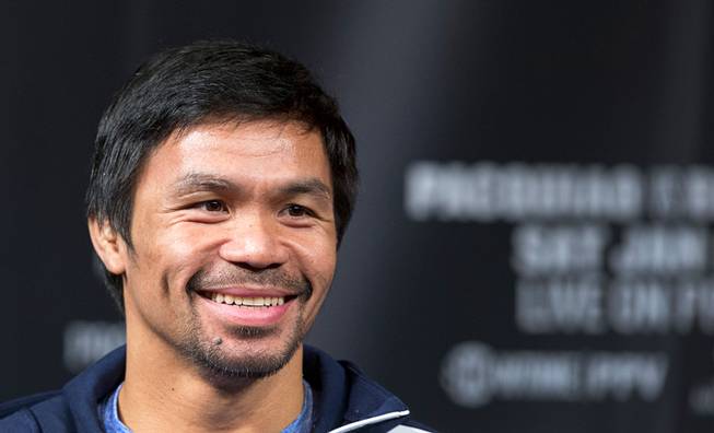 WBA welterweight champion Manny Pacquiao of the Philippines attends a final news conference at the MGM Grand Wednesday, Jan. 16, 2019. Pacquiao will defend his WBA title against Adrien Broner of Cincinnati, Ohio at the MGM Grand Garden Arena Saturday.