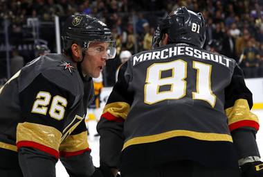 Golden Knights center Paul Stastny (26) talks with Jonathan Marchessault (81) during a game against Nashville at T-Mobile Arena, Jan. 23, 2019.