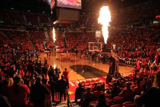 Flames lights up the Thomas & Mack Center prior to the start of a UNLV vs UNR game Tuesday, Jan. 29, 2019.