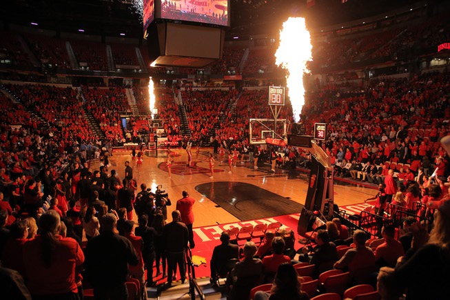 Flames lights up the Thomas & Mack Center prior to ...