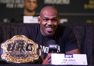 UFC light heavyweight champion Jon Jones attends a news conference for UFC 235 at MGM Grand Thursday, Jan. 31, 2019. Jones will defend his title against Anthony Smith at T-Mobile Arena Saturday, March 2, 2019.