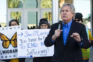 Clark County Commissioner Tick Segerblom speaks during a gathering outside of Metro Police headquarters in Las Vegas on Thursday, Feb. 7, 2019. Community members spoke out to demand answers from Sheriff Joe Lombardo about LVMPD's agreement with ICE. .