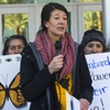 Bliss Requa-Trautz, director of Arriba Las Vegas Workers Center speaks during a gathering outside of Metro Police headquarters in Las Vegas on Thursday, Feb. 7, 2019. 