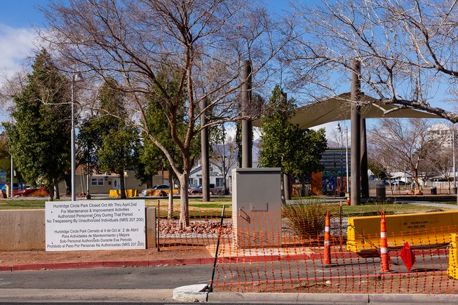 A construction fence surrounds Huntridge Circle Park Wednesday, Feb. 6, ...
