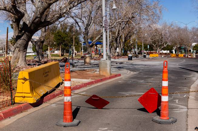 Chains and construction cones block an entrance to Huntridge Circle Park Wednesday, Feb. 6, 2019.