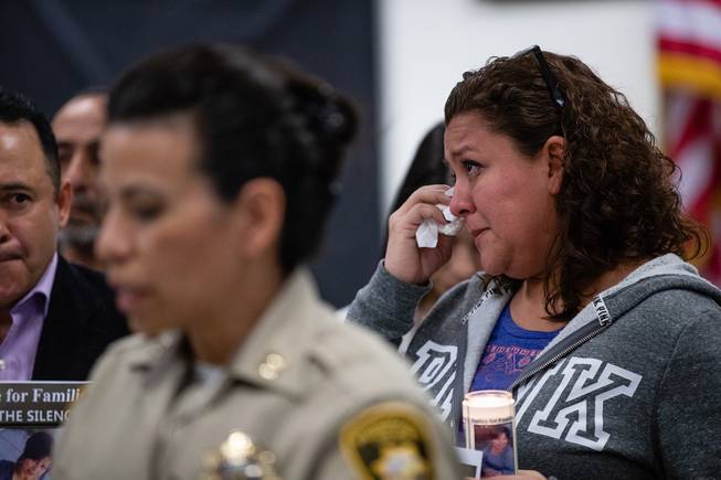 Sheyla Padilla cries during a Justice for Families press conference for the unsolved murder of her mother Celia Luna-Delgado Thursday, Feb. 14, 2019. Luna-Delgado was killed during a robbery by two suspects who have still not been apprehended. Anyone with tips can call (702) 828-3521, email homicide@lvmpd.com or text CRIMENV along with tip to 274637 (CRIMES).